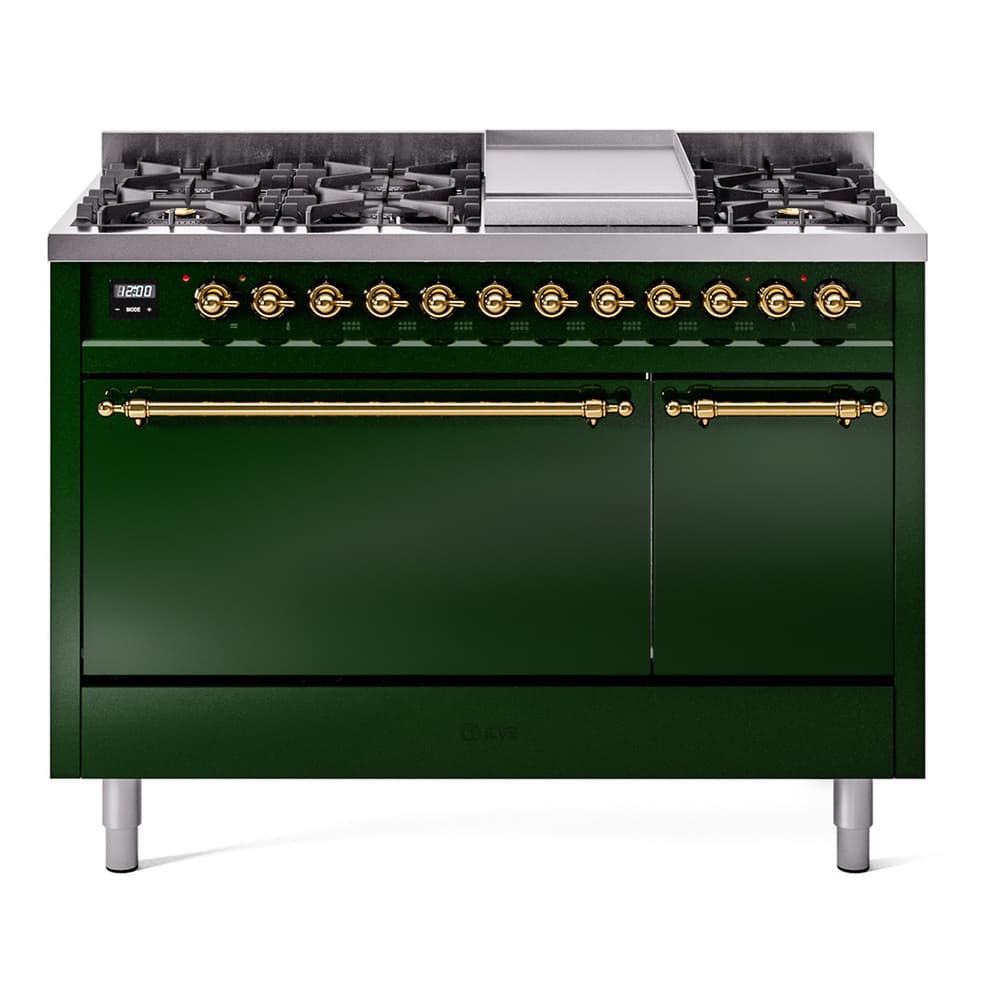 Nostalgie II 48 UP48FQNMPEGG Freestanding Dual Fuel Range with 8 Sealed Burners with Griddle Double Oven with Solid Door with Brass knobs