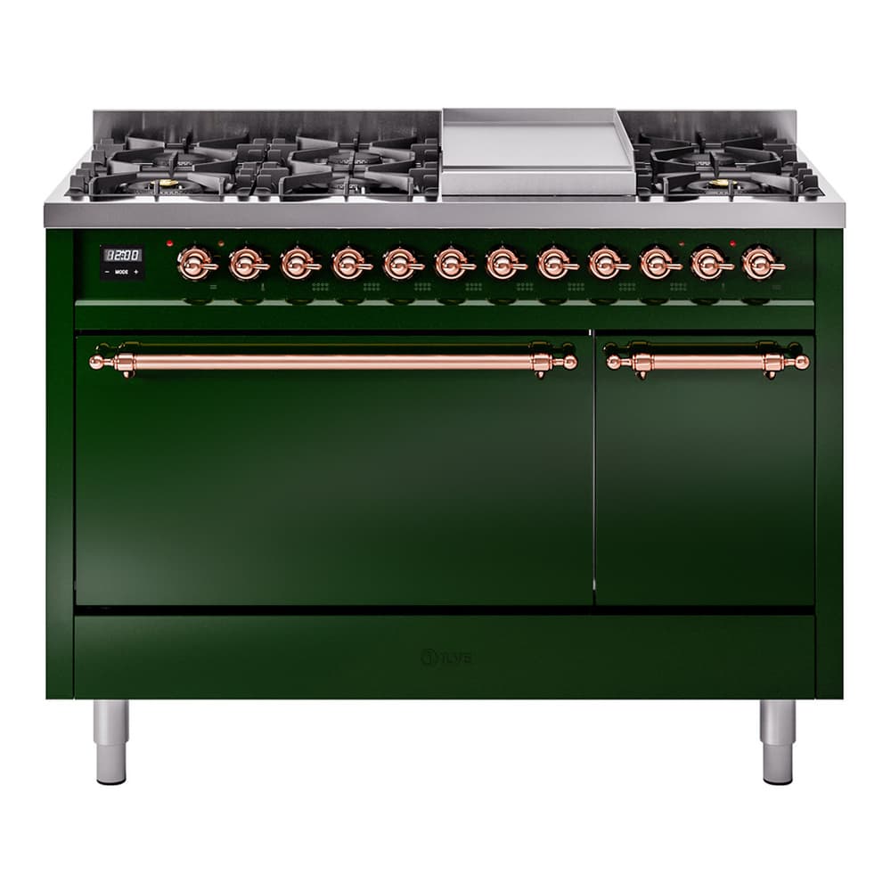 Nostalgie II 48 UP48FQNMPEGP Freestanding Dual Fuel Range with 8 Sealed Burners with Griddle Double Oven with Solid Door with Copper knobs