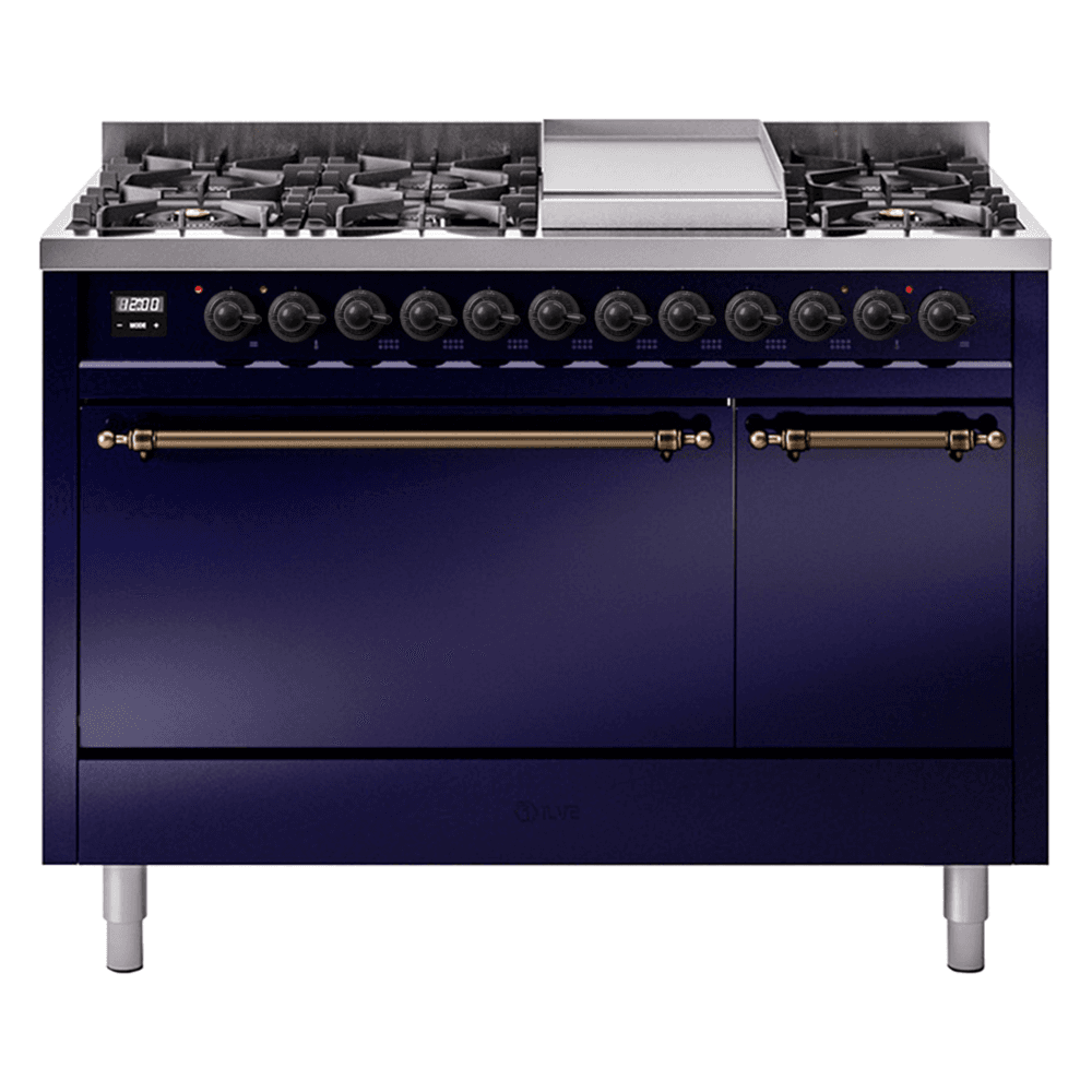 Nostalgie II 48 UP48FQNMPMBB Freestanding Dual Fuel Range with 8 Sealed Burners with Griddle Double Oven with Solid Door with Bronze knobs