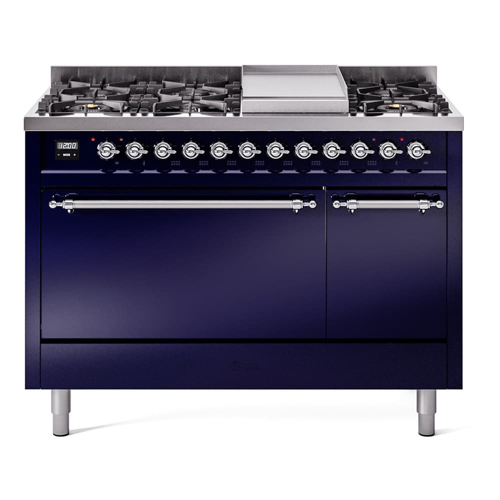 Nostalgie II 48 UP48FQNMPMBC Freestanding Dual Fuel Range with 8 Sealed Burners with Griddle Double Oven with Solid Door with Chrome knobs