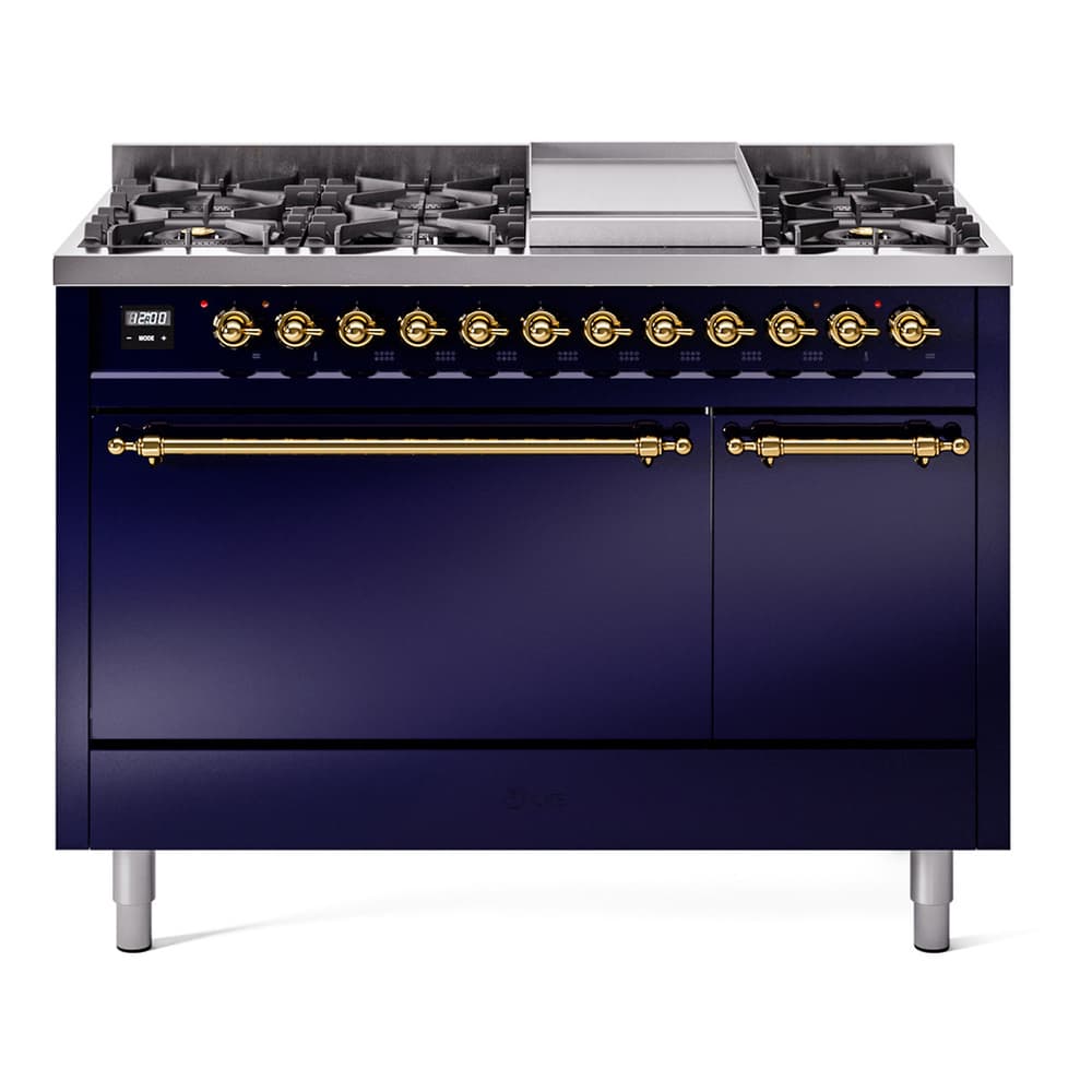 Nostalgie II 48 UP48FQNMPMBG Freestanding Dual Fuel Range with 8 Sealed Burners with Griddle Double Oven with Solid Door with Brass knobs
