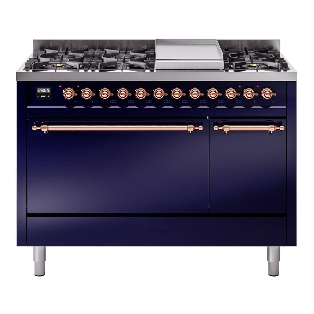Nostalgie II 48 UP48FQNMPMBP Freestanding Dual Fuel Range with 8 Sealed Burners with Griddle Double Oven with Solid Door with Copper knobs