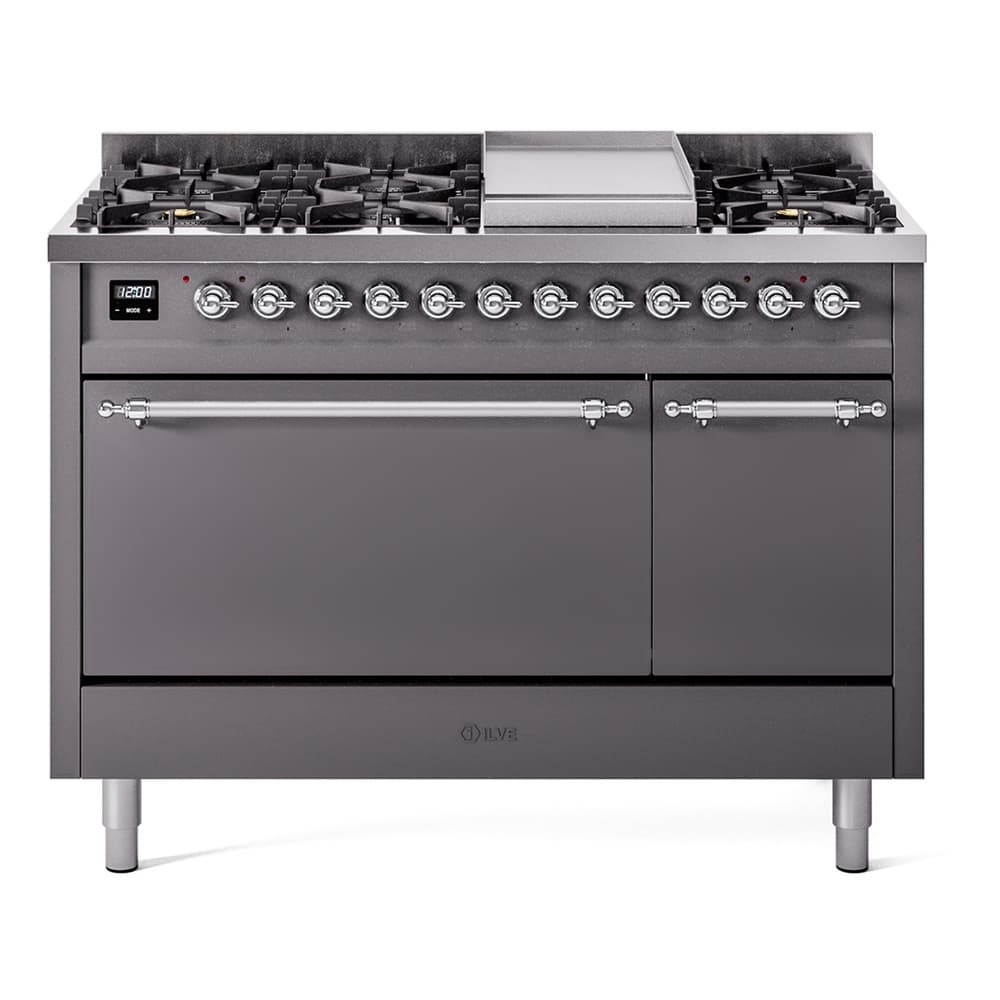 Nostalgie II 48 UP48FQNMPMGC Freestanding Dual Fuel Range with 8 Sealed Burners with Griddle Double Oven with Solid Door with Chrome knobs
