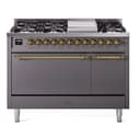 Nostalgie II 48 UP48FQNMPMGG Freestanding Dual Fuel Range with 8 Sealed Burners with Griddle Double Oven with Solid Door with Brass knobs view 1