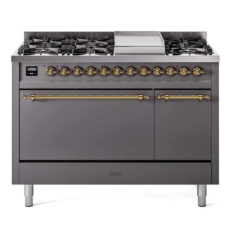 Nostalgie II 48 UP48FQNMPMGG Freestanding Dual Fuel Range with 8 Sealed Burners with Griddle Double Oven with Solid Door with Brass knobs