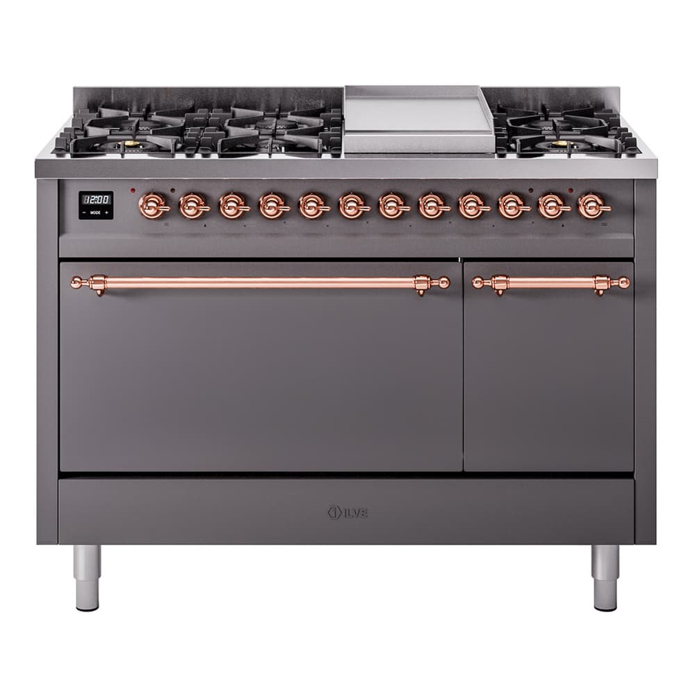 Nostalgie II 48 UP48FQNMPMGP Freestanding Dual Fuel Range with 8 Sealed Burners with Griddle Double Oven with Solid Door with Copper knobs