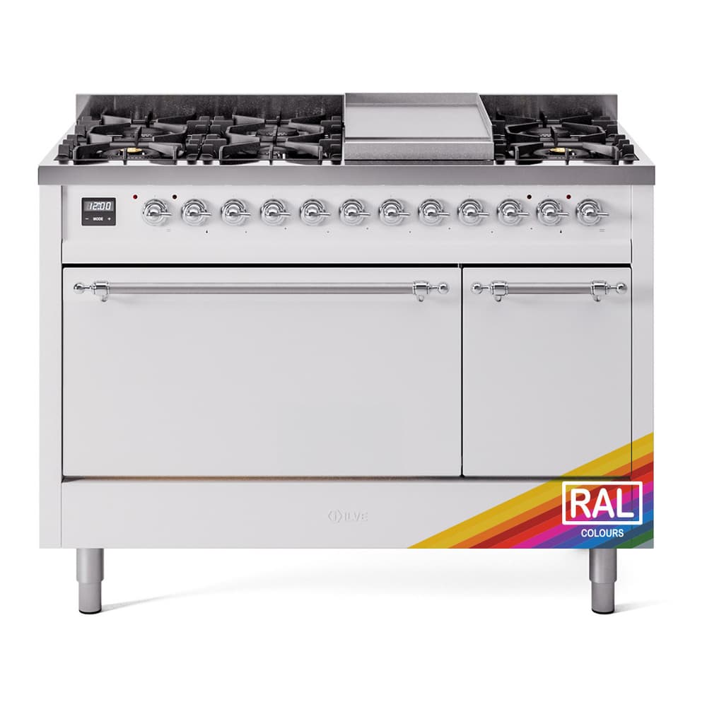Nostalgie II 48 UP48FQNMPRAC Freestanding Dual Fuel Range with 8 Sealed Burners with Griddle Double Oven with Solid Door with Chrome knobs