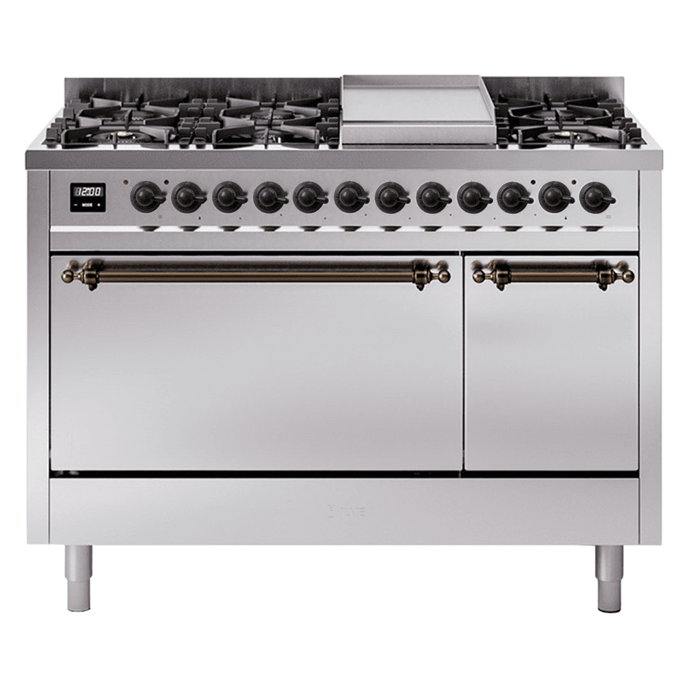 Nostalgie II 48 UP48FQNMPSSB Freestanding Dual Fuel Range with 8 Sealed Burners with Griddle Double Oven with Solid Door with Bronze knobs