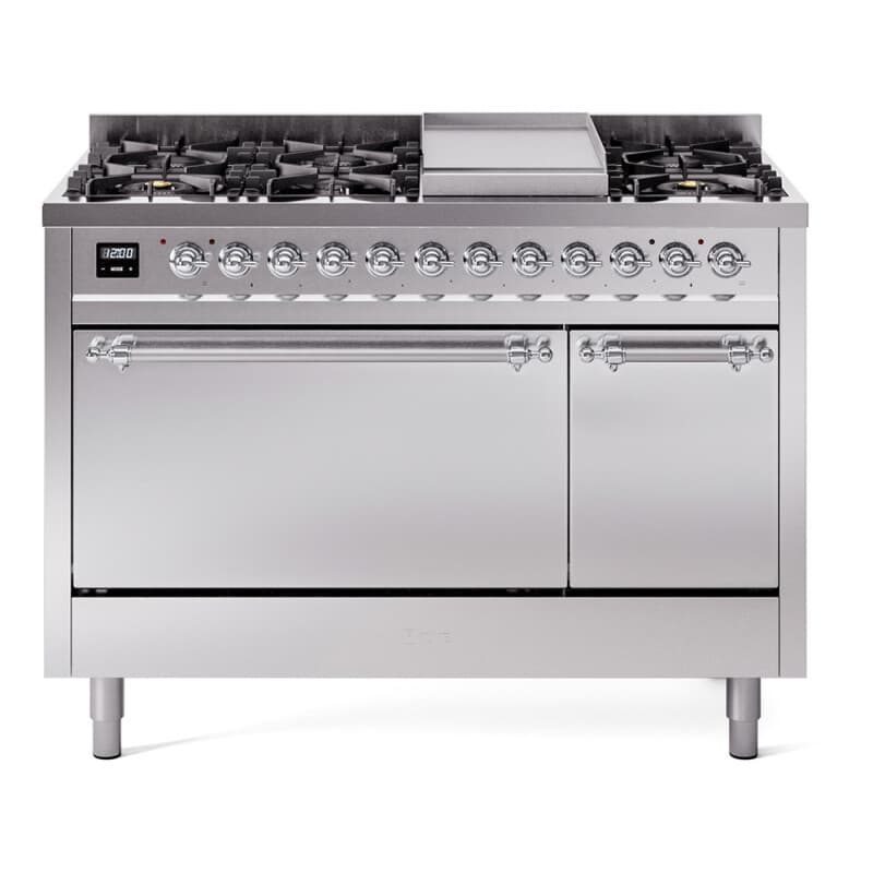 Nostalgie II 48 UP48FQNMPSSC Freestanding Dual Fuel Range with 8 Sealed Burners with Griddle Double Oven with Solid Door with Chrome knobs