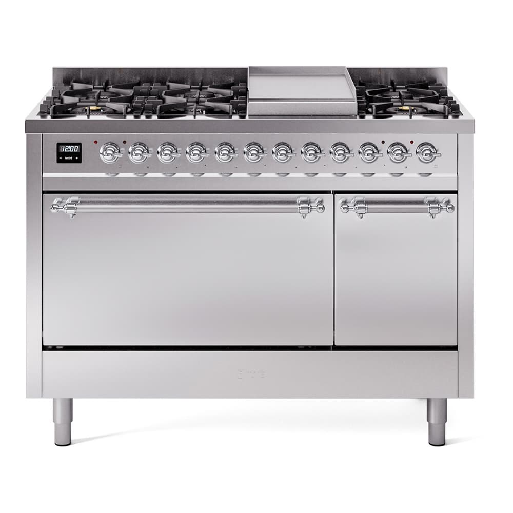 Nostalgie II 48 UP48FQNMPSSC Freestanding Dual Fuel Range with 8 Sealed Burners with Griddle Double Oven with Solid Door with Chrome knobs