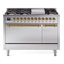 Nostalgie II 48 UP48FQNMPSSG Freestanding Dual Fuel Range with 8 Sealed Burners with Griddle Double Oven with Solid Door with Brass knobs view 1