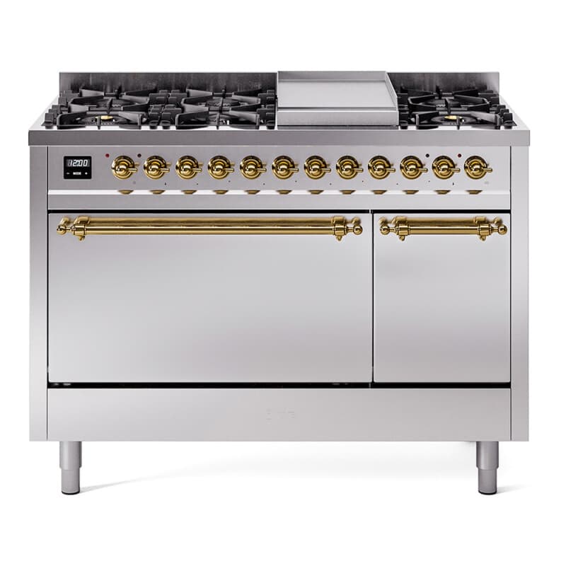 Nostalgie II 48 UP48FQNMPSSG Freestanding Dual Fuel Range with 8 Sealed Burners with Griddle Double Oven with Solid Door with Brass knobs
