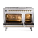 Nostalgie II 48 UP48FQNMPSSG Freestanding Dual Fuel Range with 8 Sealed Burners with Griddle Double Oven with Solid Door with Brass knobs view 2
