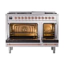 Nostalgie II 48 UP48FQNMPSSP Freestanding Dual Fuel Range with 8 Sealed Burners with Griddle Double Oven with Solid Door with Copper knobs view 2