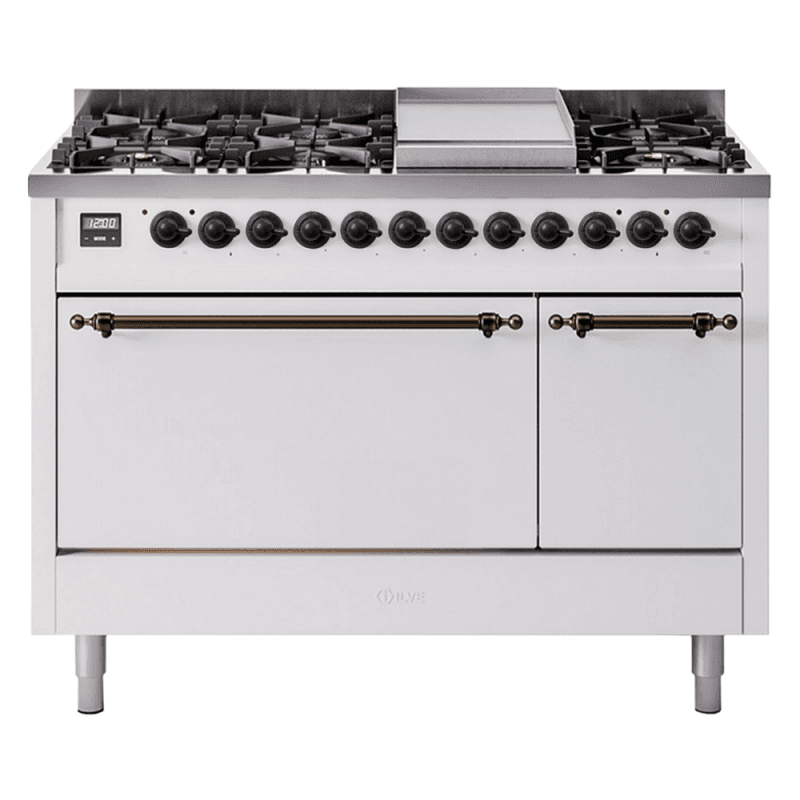 Nostalgie II 48 UP48FQNMPWHB Freestanding Dual Fuel Range with 8 Sealed Burners with Griddle Double Oven with Solid Door with Bronze knobs