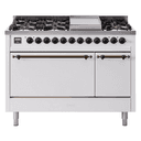 Nostalgie II 48 UP48FQNMPWHB Freestanding Dual Fuel Range with 8 Sealed Burners with Griddle Double Oven with Solid Door with Bronze knobs view 1