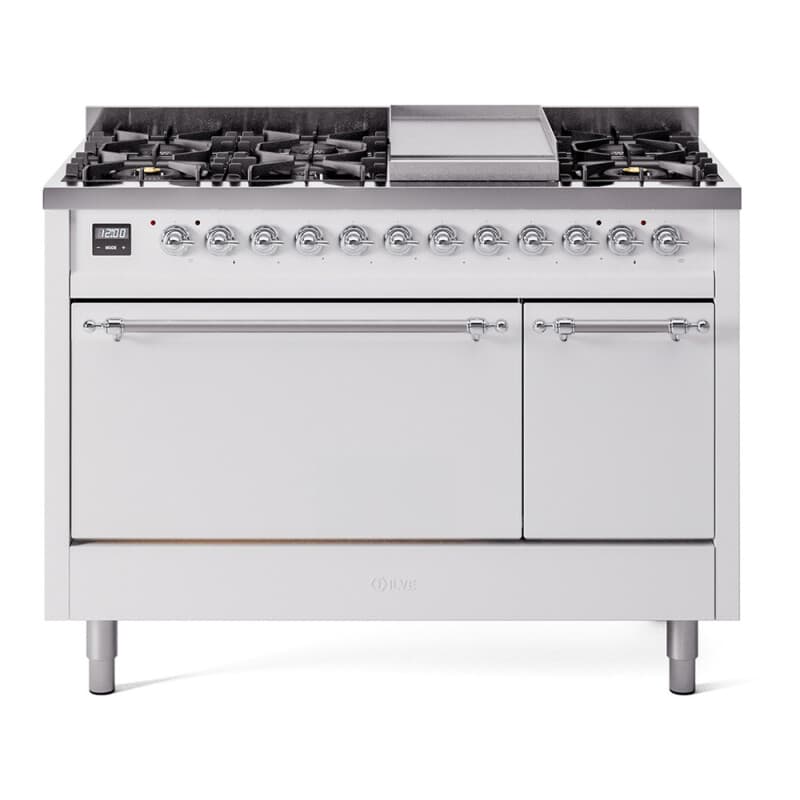Nostalgie II 48 UP48FQNMPWHC Freestanding Dual Fuel Range with 8 Sealed Burners with Griddle Double Oven with Solid Door with Chrome knobs