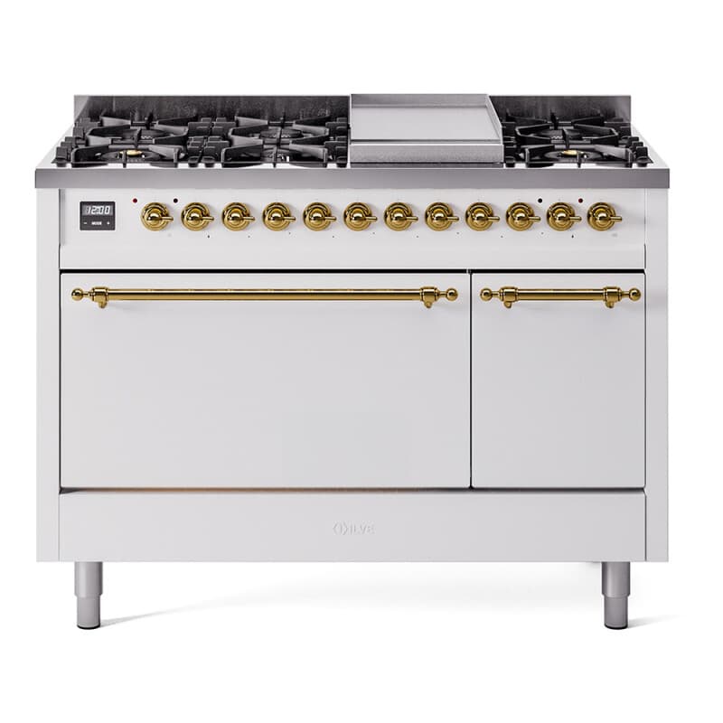 Nostalgie II 48 UP48FQNMPWHG Freestanding Dual Fuel Range with 8 Sealed Burners with Griddle Double Oven with Solid Door with Brass knobs