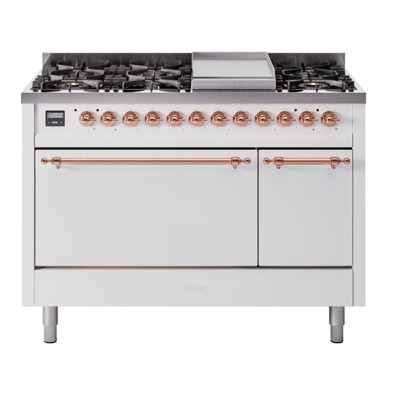 Nostalgie II 48 UP48FQNMPWHP Freestanding Dual Fuel Range with 8 Sealed Burners with Griddle Double Oven with Solid Door with Copper knobs