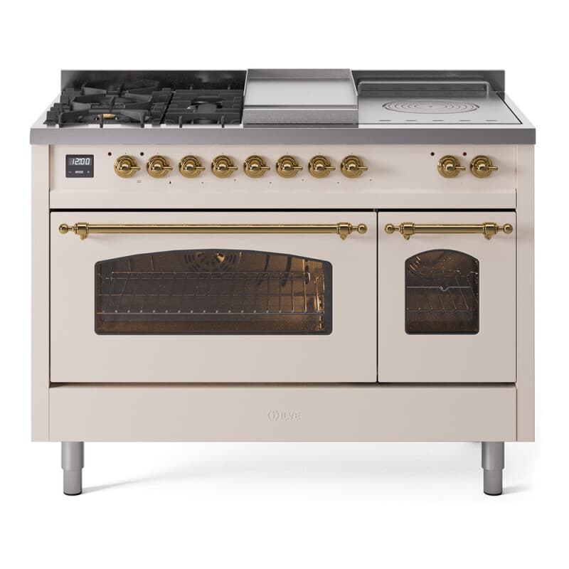 Nostalgie II 48 UP48FSNMPAWG Freestanding Dual Fuel Range with 5 Sealed Burners with Griddle and French Top Double Oven with Triple Glass Door with Brass knobs
