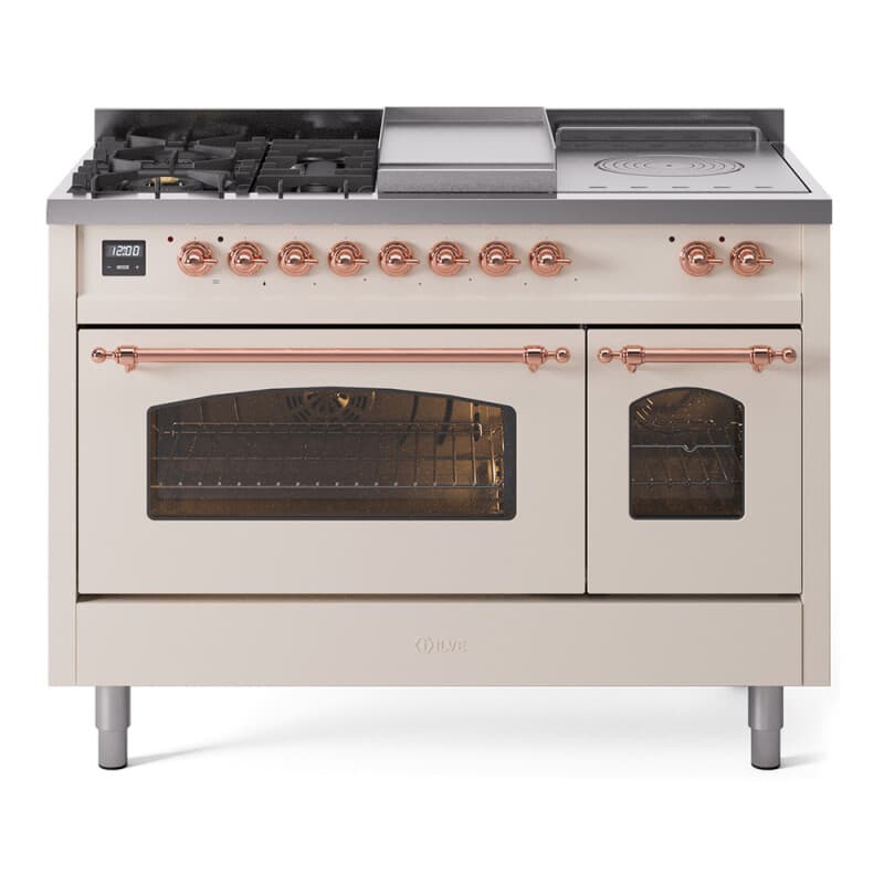 Nostalgie II 48 UP48FSNMPAWP Freestanding Dual Fuel Range with 5 Sealed Burners with Griddle and French Top Double Oven with Triple Glass Door with Copper knobs