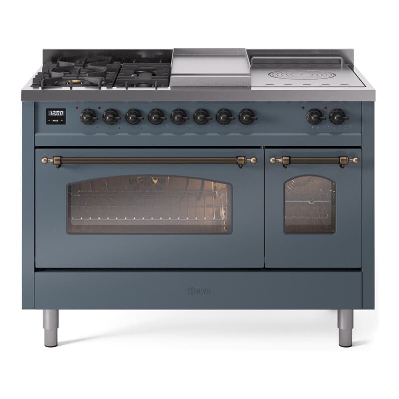 Nostalgie II 48 UP48FSNMPBGB Freestanding Dual Fuel Range with 5 Sealed Burners with Griddle and French Top Double Oven with Triple Glass Door with Bronze knobs