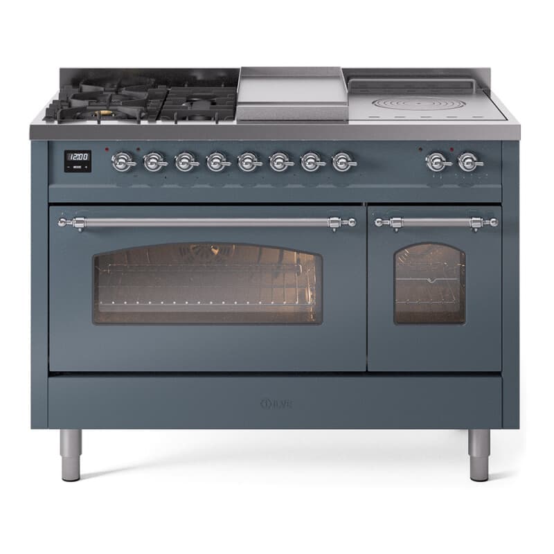 Nostalgie II 48 UP48FSNMPBGC Freestanding Dual Fuel Range with 5 Sealed Burners with Griddle and French Top Double Oven with Triple Glass Door with Chrome knobs