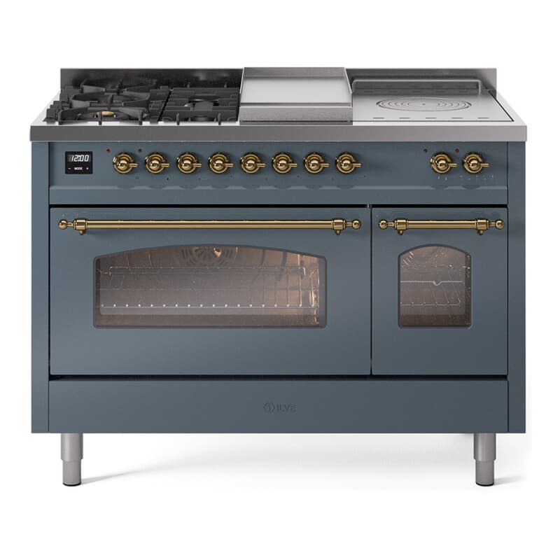 Nostalgie II 48 UP48FSNMPBGG Freestanding Dual Fuel Range with 5 Sealed Burners with Griddle and French Top Double Oven with Triple Glass Door with Brass knobs