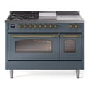 Nostalgie II 48 UP48FSNMPBGG Freestanding Dual Fuel Range with 5 Sealed Burners with Griddle and French Top Double Oven with Triple Glass Door with Brass knobs view 1