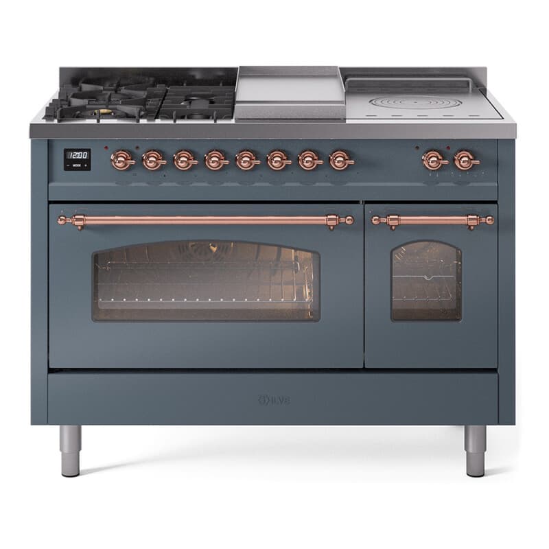 Nostalgie II 48 UP48FSNMPBGP Freestanding Dual Fuel Range with 5 Sealed Burners with Griddle and French Top Double Oven with Triple Glass Door with Copper knobs