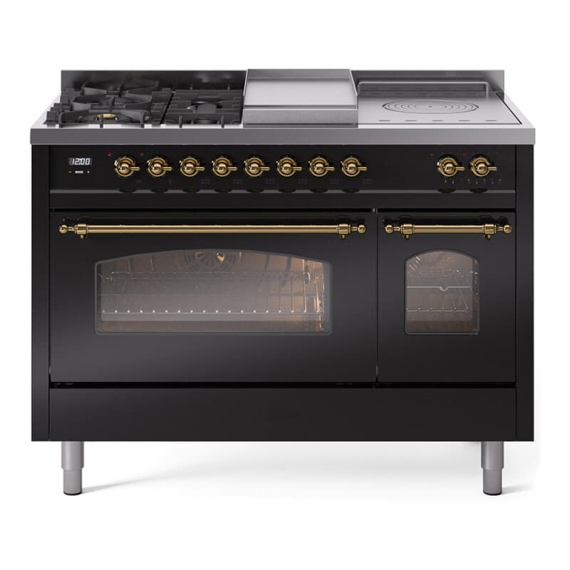 Nostalgie II 48 UP48FSNMPBKG Freestanding Dual Fuel Range with 5 Sealed Burners with Griddle and French Top Double Oven with Triple Glass Door with Brass knobs