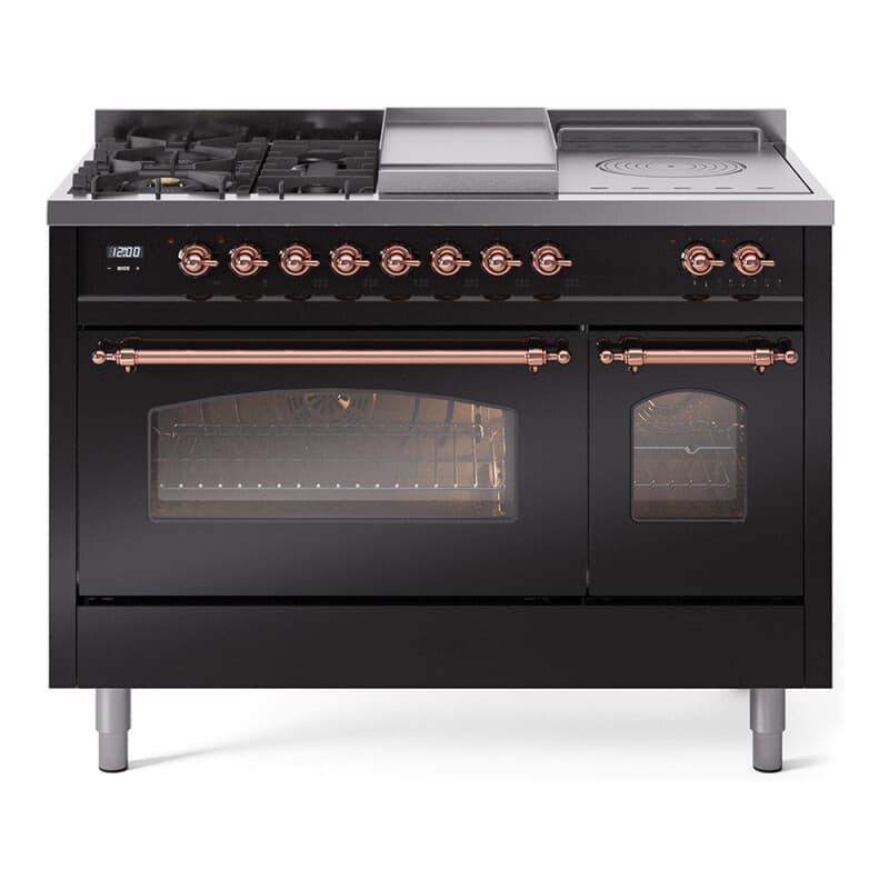Nostalgie II 48 UP48FSNMPBKP Freestanding Dual Fuel Range with 5 Sealed Burners with Griddle and French Top Double Oven with Triple Glass Door with Copper knobs