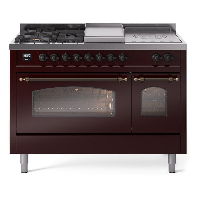 Nostalgie II 48 UP48FSNMPBUB Freestanding Dual Fuel Range with 5 Sealed Burners with Griddle and French Top Double Oven with Triple Glass Door with Bronze knobs