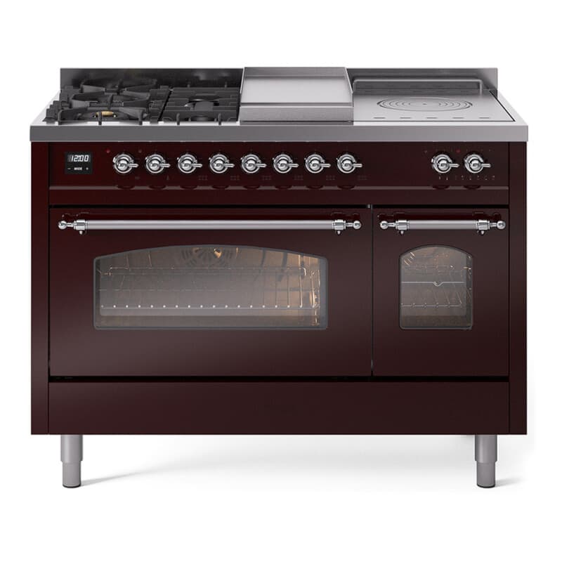 Nostalgie II 48 UP48FSNMPBUC Freestanding Dual Fuel Range with 5 Sealed Burners with Griddle and French Top Double Oven with Triple Glass Door with Chrome knobs