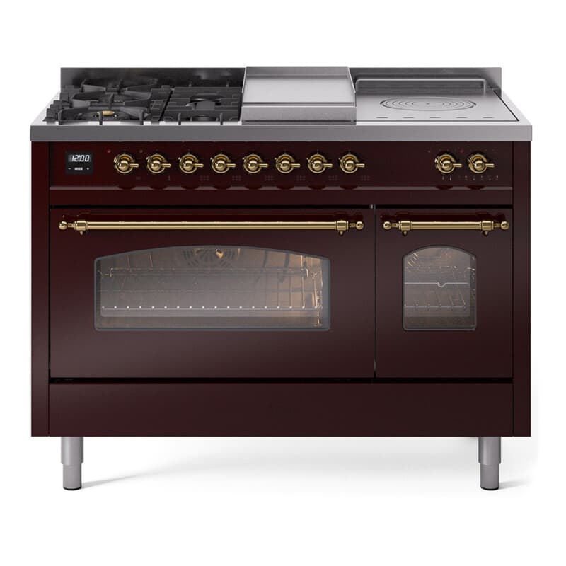 Nostalgie II 48 UP48FSNMPBUG Freestanding Dual Fuel Range with 5 Sealed Burners with Griddle and French Top Double Oven with Triple Glass Door with Brass knobs