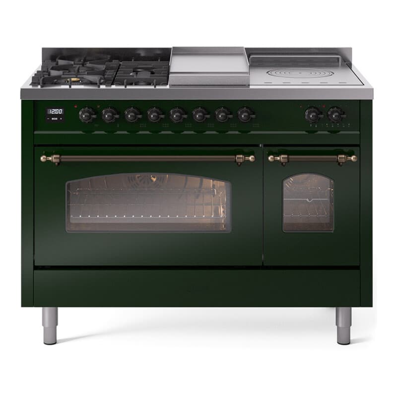 Nostalgie II 48 UP48FSNMPEGB Freestanding Dual Fuel Range with 5 Sealed Burners with Griddle and French Top Double Oven with Triple Glass Door with Bronze knobs
