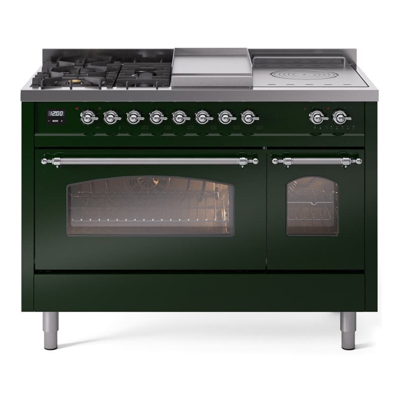 Nostalgie II 48 UP48FSNMPEGC Freestanding Dual Fuel Range with 5 Sealed Burners with Griddle and French Top Double Oven with Triple Glass Door with Chrome knobs