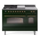 Nostalgie II 48 UP48FSNMPEGG Freestanding Dual Fuel Range with 5 Sealed Burners with Griddle and French Top Double Oven with Triple Glass Door with Brass knobs view 1