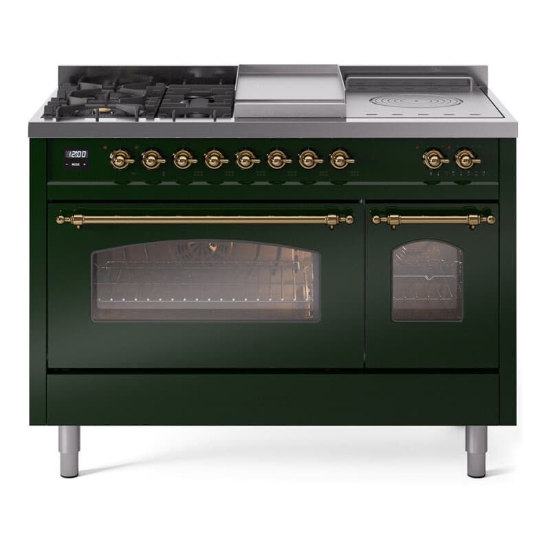 Nostalgie II 48 UP48FSNMPEGG Freestanding Dual Fuel Range with 5 Sealed Burners with Griddle and French Top Double Oven with Triple Glass Door with Brass knobs