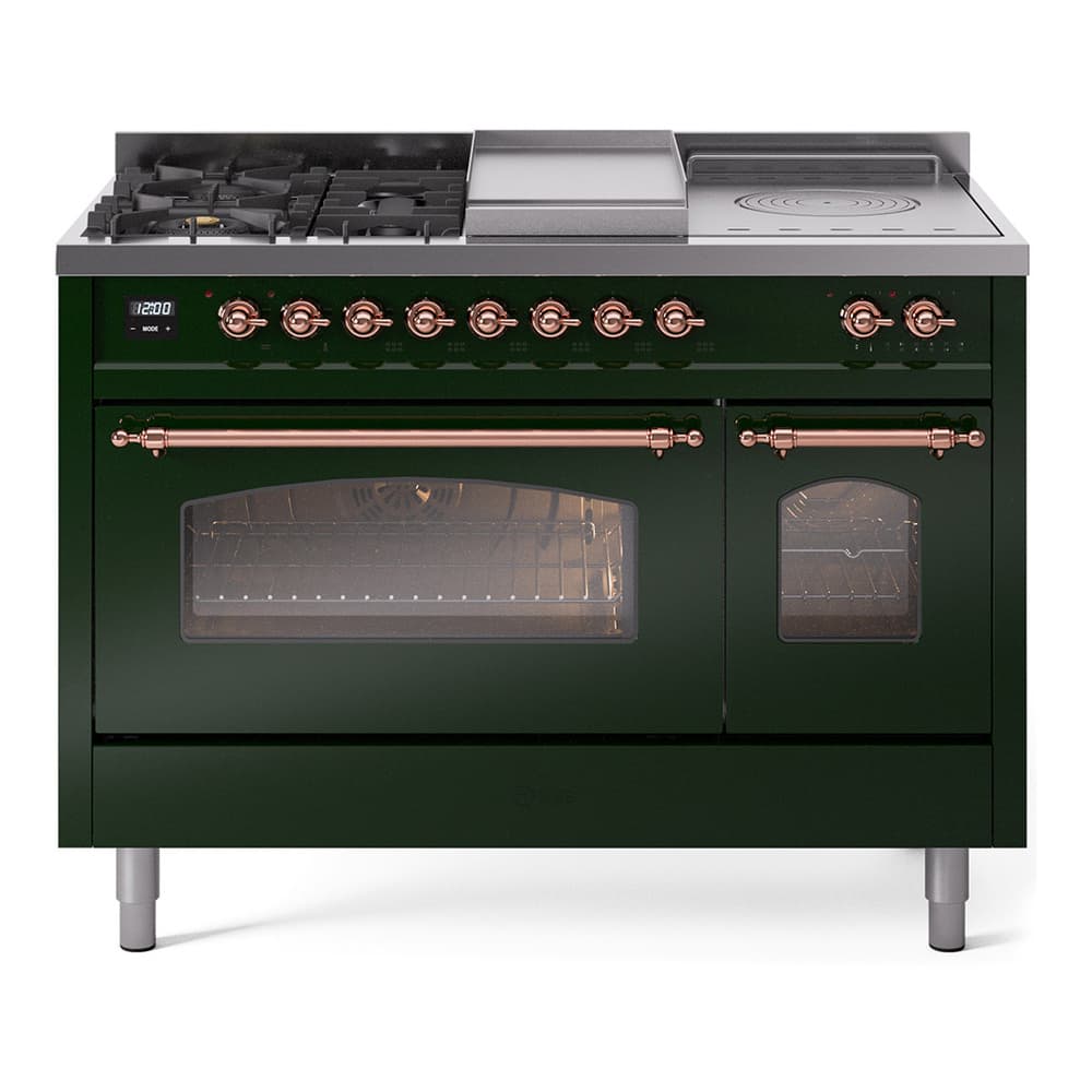 Nostalgie II 48 UP48FSNMPEGP Freestanding Dual Fuel Range with 5 Sealed Burners with Griddle and French Top Double Oven with Triple Glass Door with Copper knobs