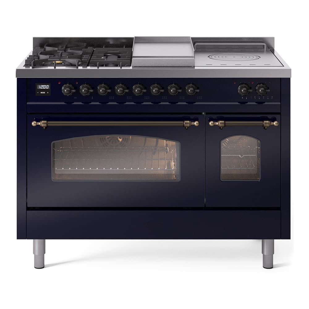 Nostalgie II 48 UP48FSNMPMBB Freestanding Dual Fuel Range with 5 Sealed Burners with Griddle and French Top Double Oven with Triple Glass Door with Bronze knobs
