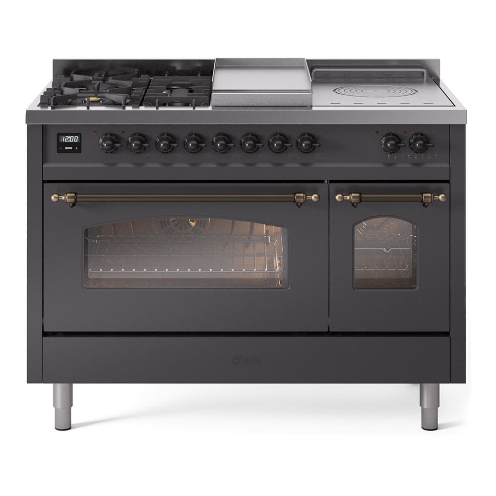 Nostalgie II 48 UP48FSNMPMGB Freestanding Dual Fuel Range with 5 Sealed Burners with Griddle and French Top Double Oven with Triple Glass Door with Bronze knobs