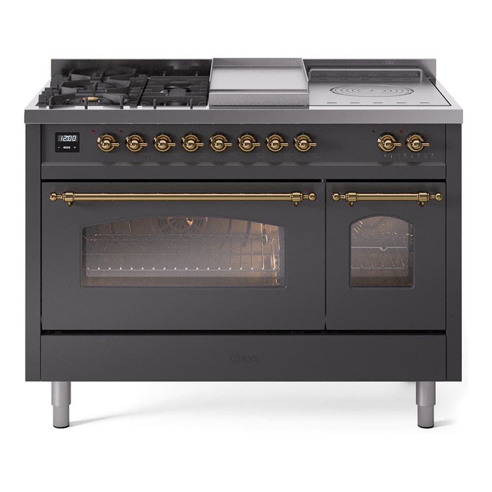 Nostalgie II 48 UP48FSNMPMGG Freestanding Dual Fuel Range with 5 Sealed Burners with Griddle and French Top Double Oven with Triple Glass Door with Brass knobs