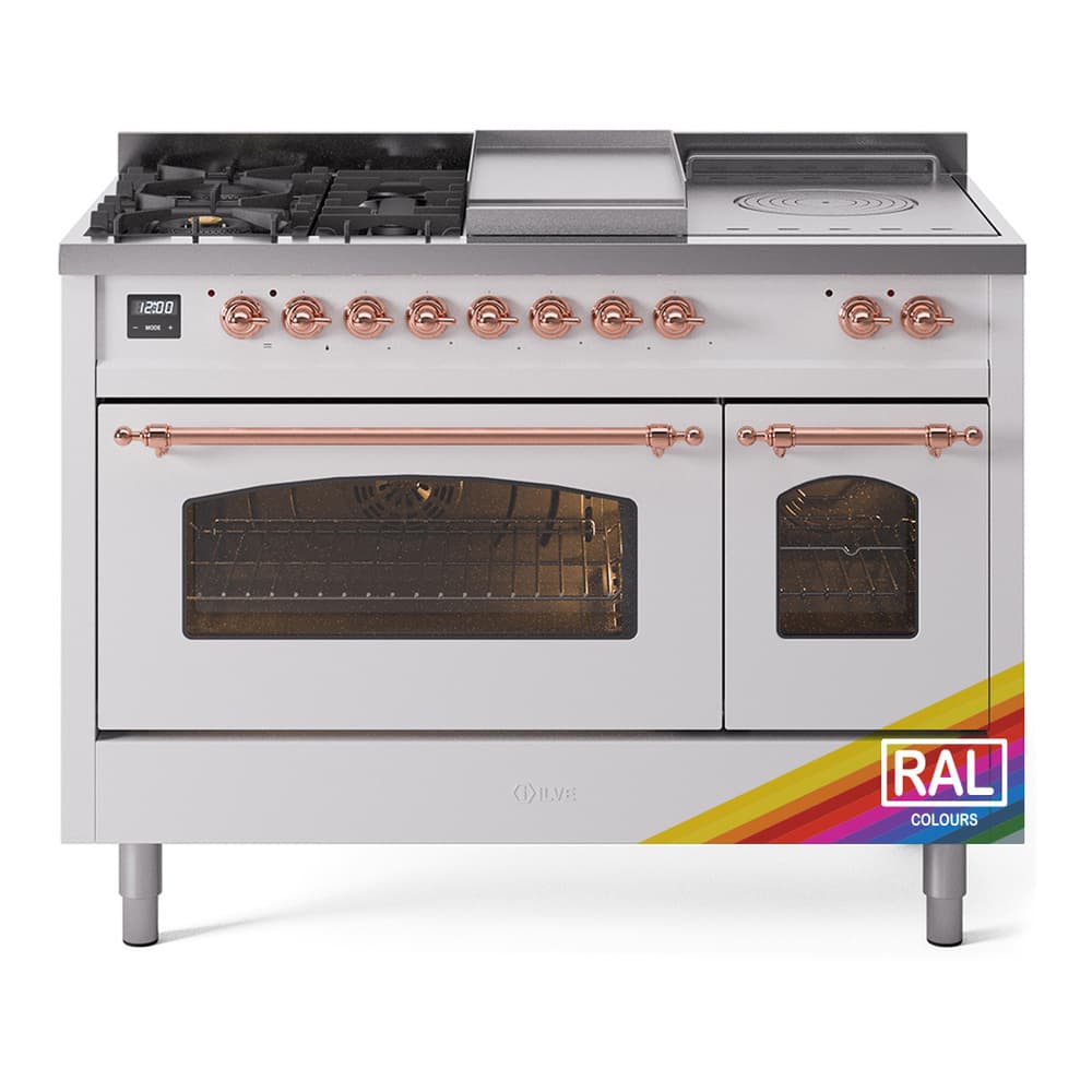Nostalgie II 48 UP48FSNMPRAP Freestanding Dual Fuel Range with 5 Sealed Burners with Griddle and French Top Double Oven with Triple Glass Door with Copper knobs