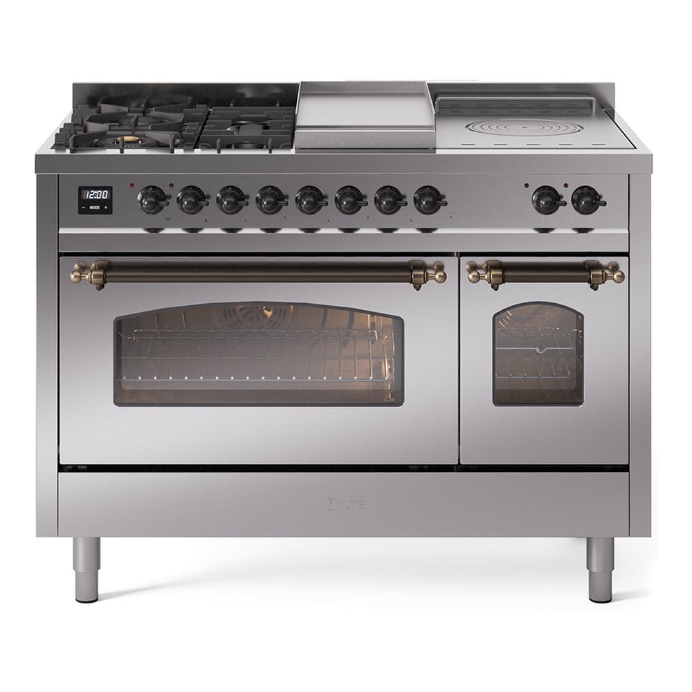 Nostalgie II 48 UP48FSNMPSSB Freestanding Dual Fuel Range with 5 Sealed Burners with Griddle and French Top Double Oven with Triple Glass Door with Bronze knobs