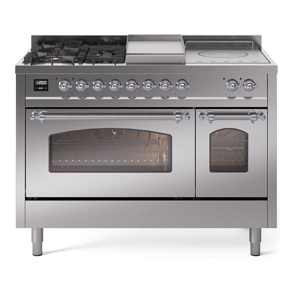 Nostalgie II 48 UP48FSNMPSSC Freestanding Dual Fuel Range with 5 Sealed Burners with Griddle and French Top Double Oven with Triple Glass Door with Chrome knobs