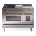 Nostalgie II 48 UP48FSNMPSSG Freestanding Dual Fuel Range with 5 Sealed Burners with Griddle and French Top Double Oven with Triple Glass Door with Brass knobs view 1