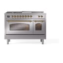 Nostalgie II 48 UP48FSNMPSSG Freestanding Dual Fuel Range with 5 Sealed Burners with Griddle and French Top Double Oven with Triple Glass Door with Brass knobs view 2