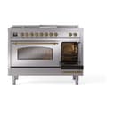 Nostalgie II 48 UP48FSNMPSSG Freestanding Dual Fuel Range with 5 Sealed Burners with Griddle and French Top Double Oven with Triple Glass Door with Brass knobs view 5
