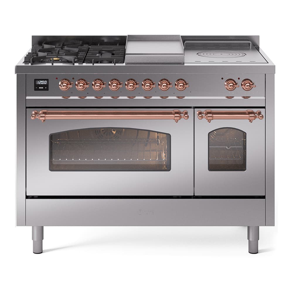 Nostalgie II 48 UP48FSNMPSSP Freestanding Dual Fuel Range with 5 Sealed Burners with Griddle and French Top Double Oven with Triple Glass Door with Copper knobs